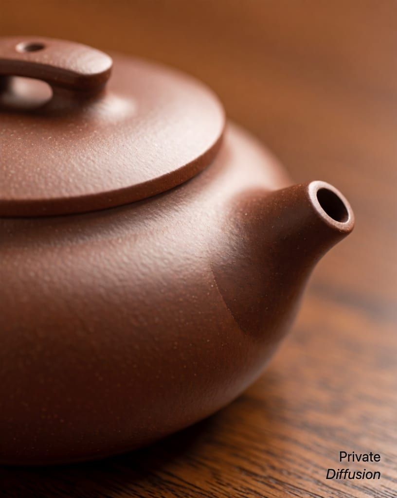 a ceramic teapot on a wooden table, with macro added