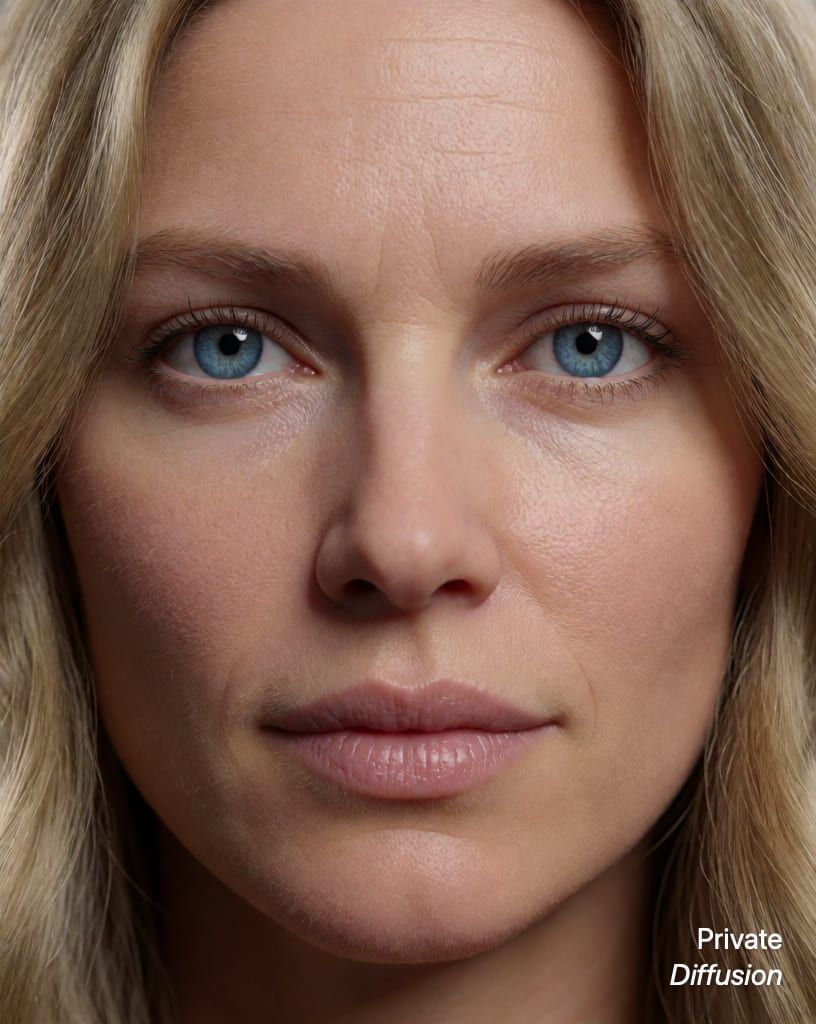 photorealistic portrait of a blonde woman with blue eyes, with macro added