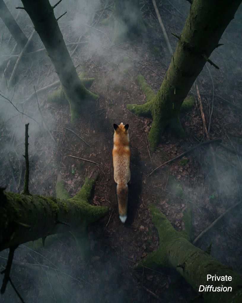 a fox in a misty forest, with overhead added