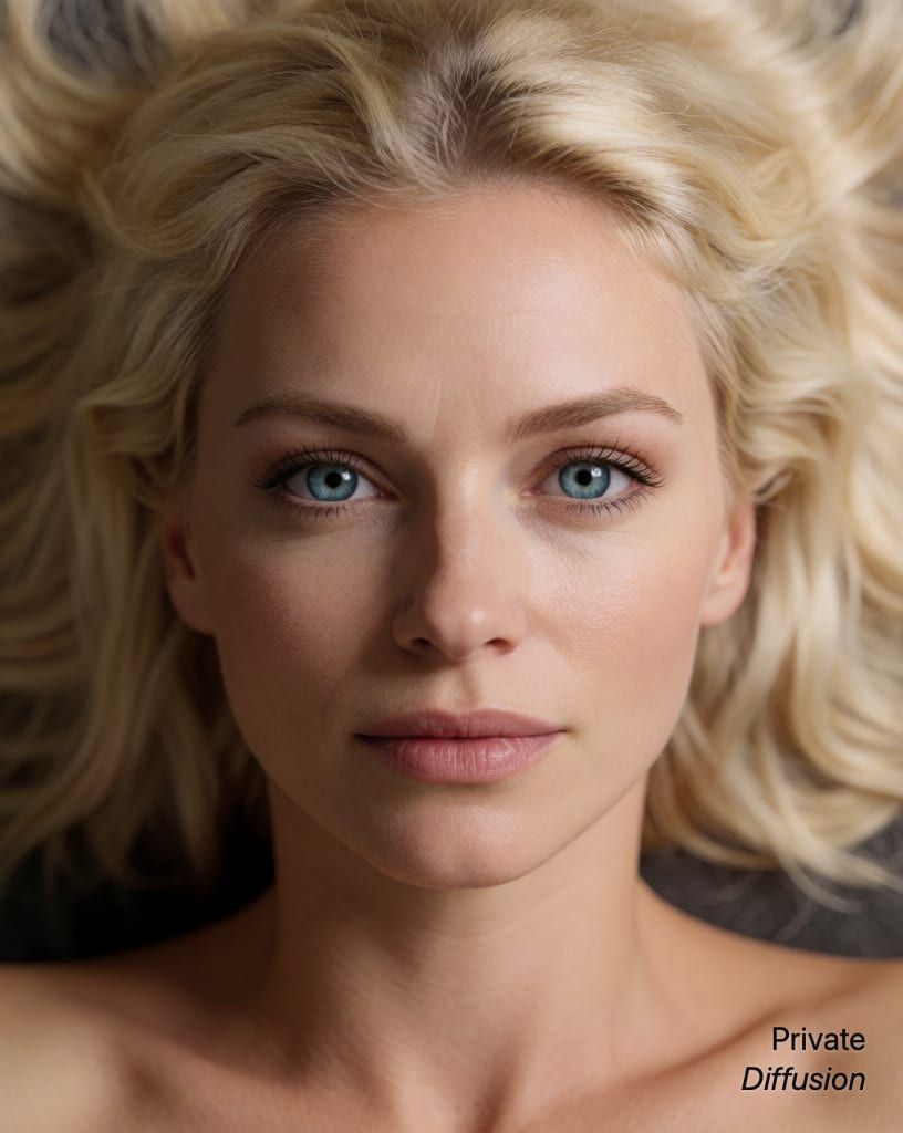 photorealistic portrait of a blonde woman with blue eyes, with overhead added