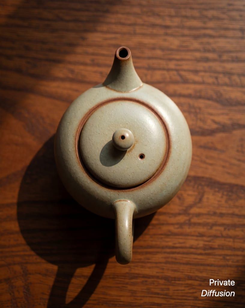 a ceramic teapot on a wooden table, with overhead added