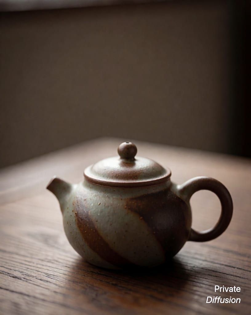 a ceramic teapot on a wooden table, with shallow focus added