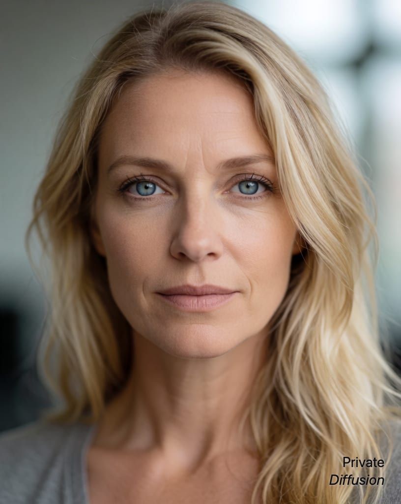 photorealistic portrait of a blonde woman with blue eyes, with shallow focus added