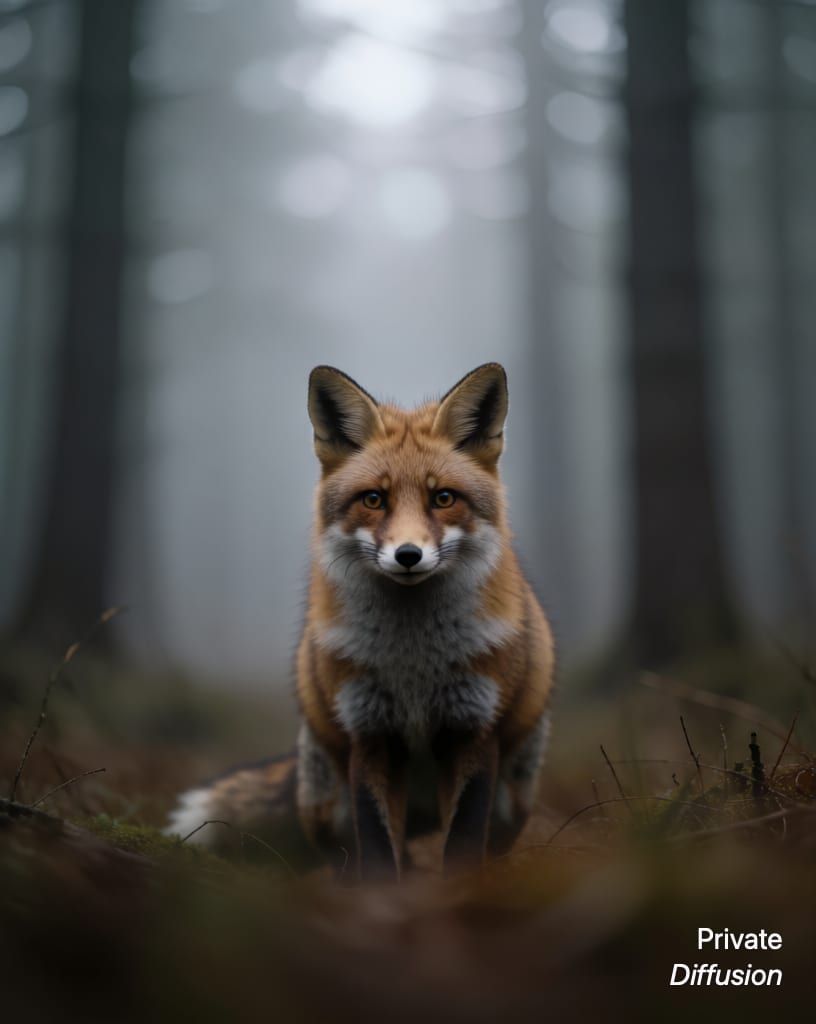 a fox in a misty forest, with shallow focus added