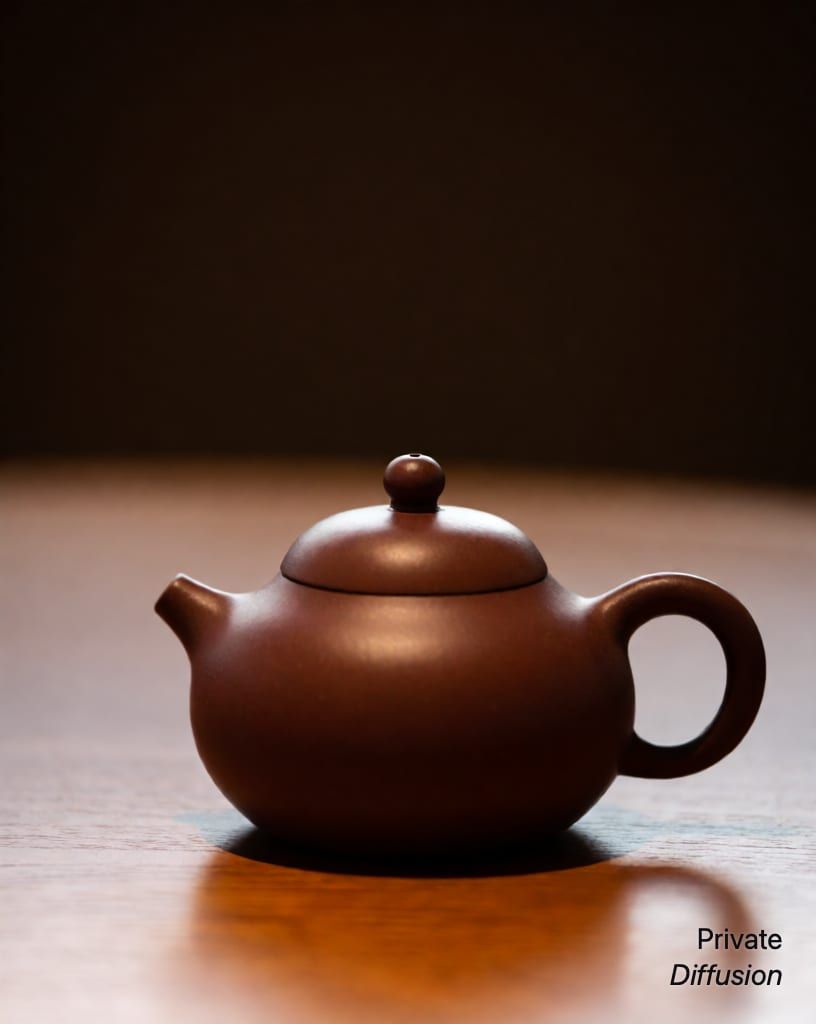a ceramic teapot on a wooden table, with telephoto lens added