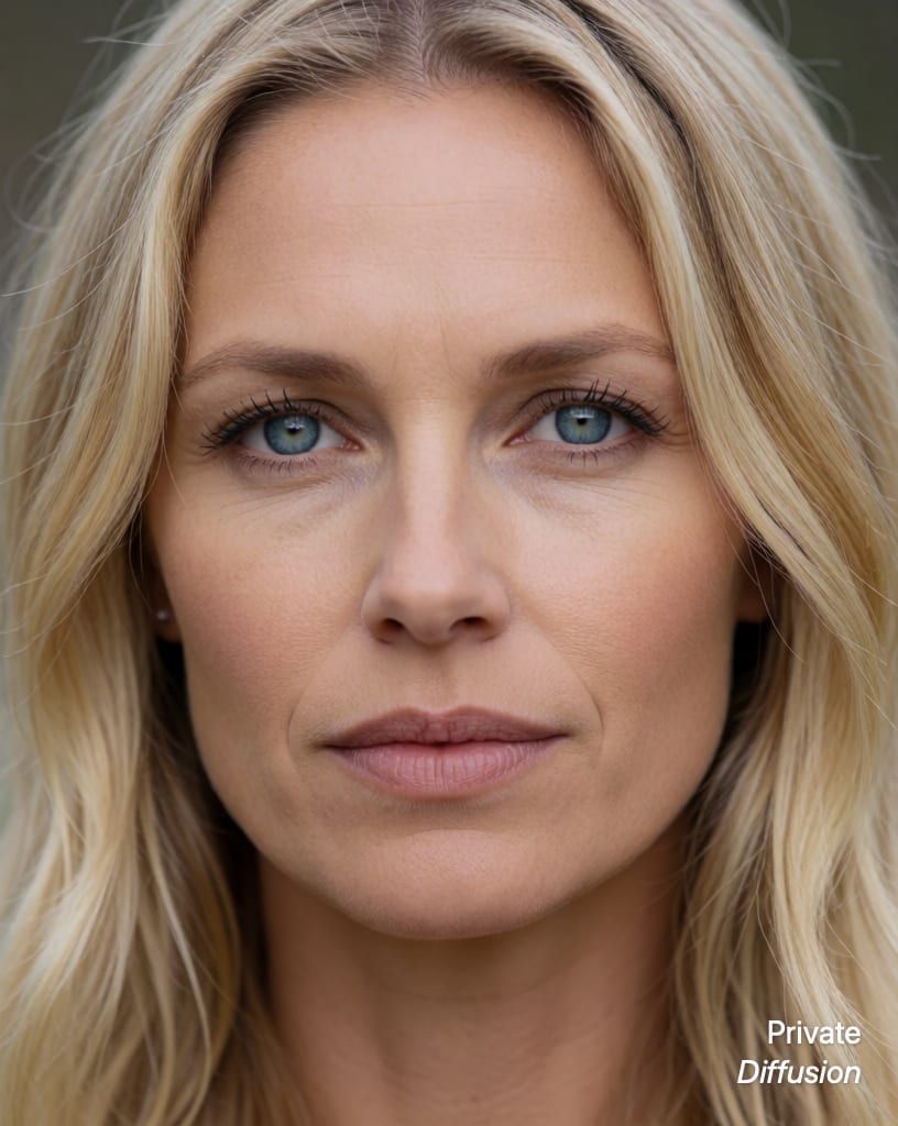 photorealistic portrait of a blonde woman with blue eyes, with telephoto lens added