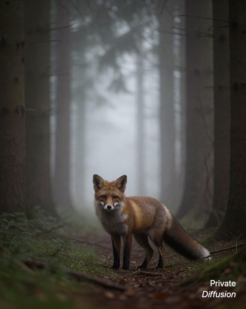 a fox in a misty forest, with telephoto lens added