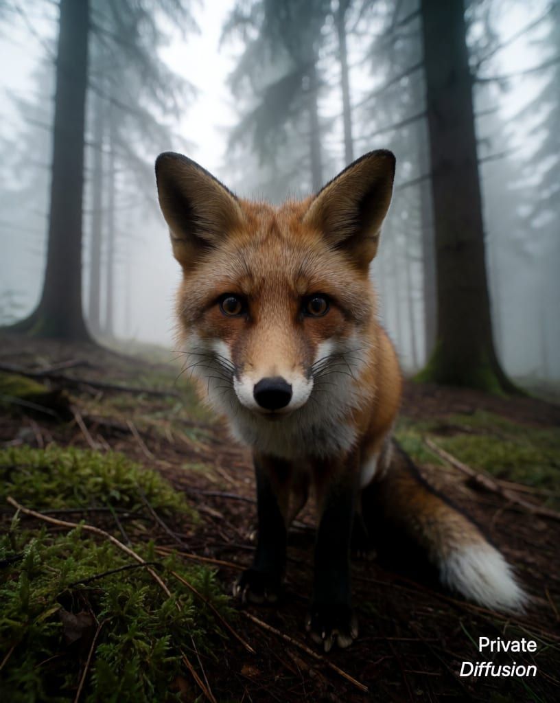 a fox in a misty forest, with wide-angle lens added