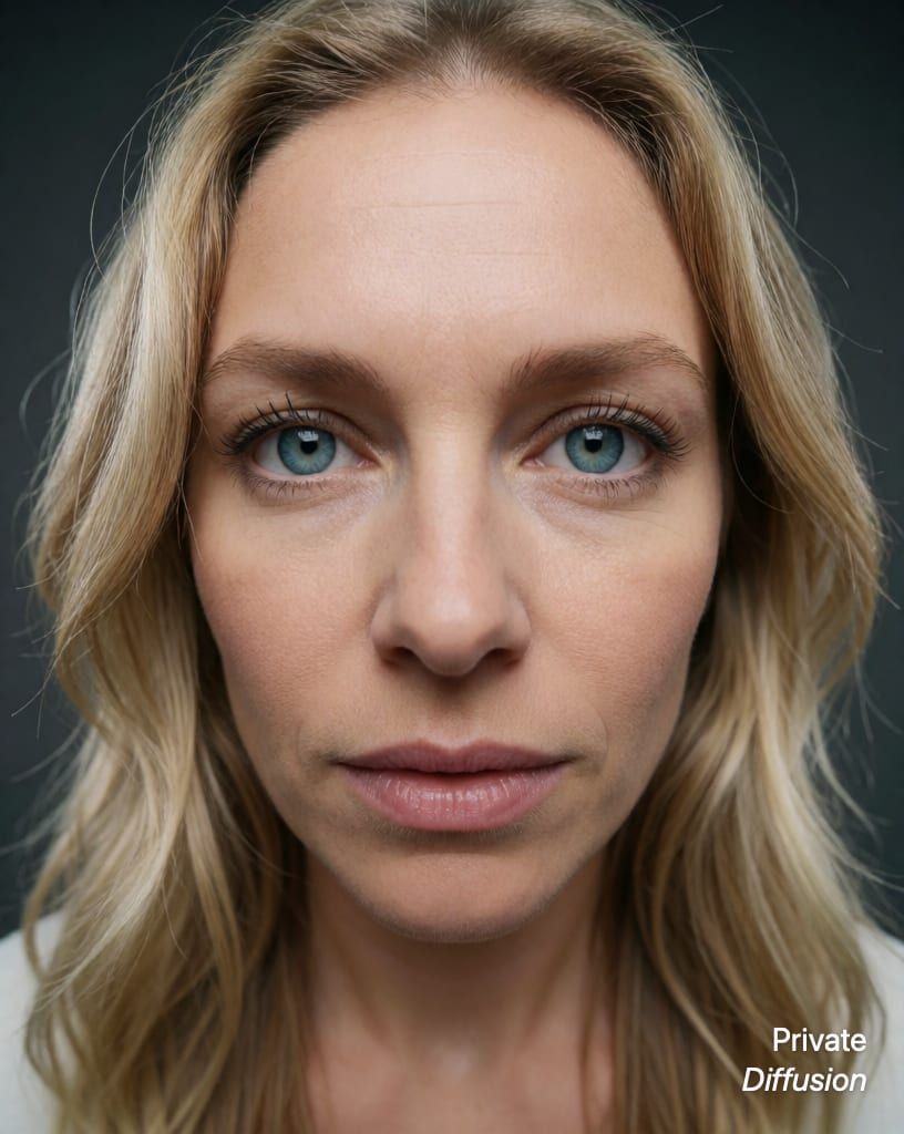 photorealistic portrait of a blonde woman with blue eyes, with wide-angle lens added