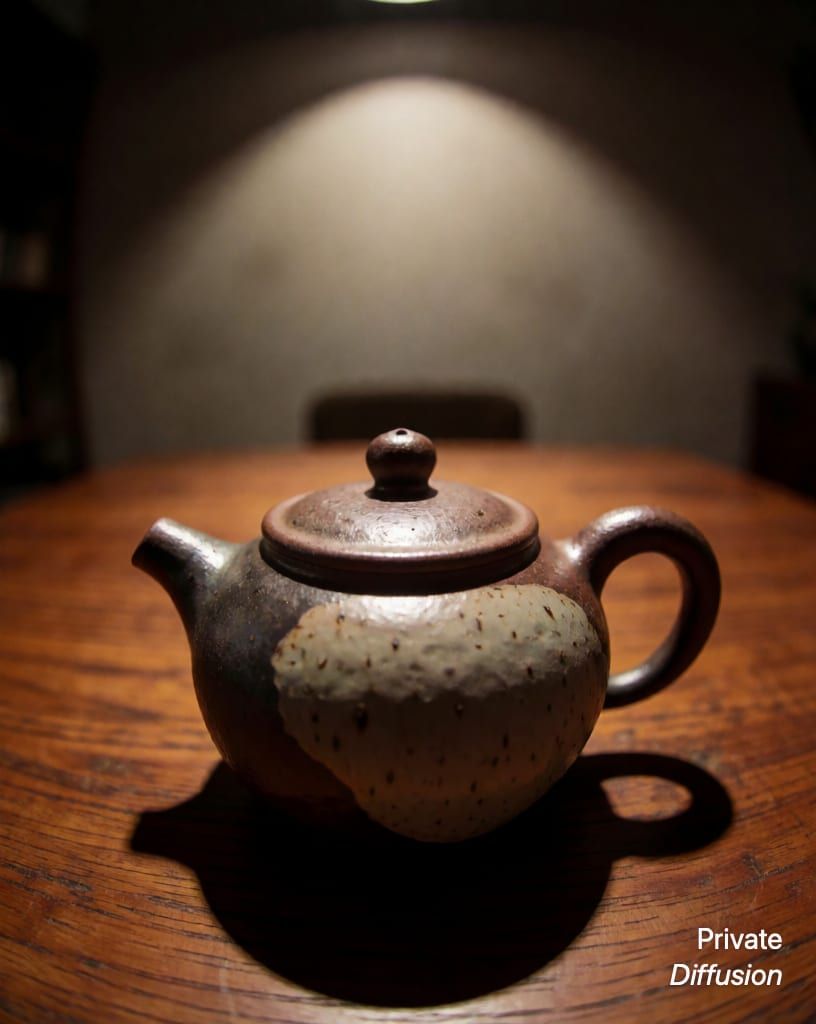 a ceramic teapot on a wooden table, with wide-angle lens added