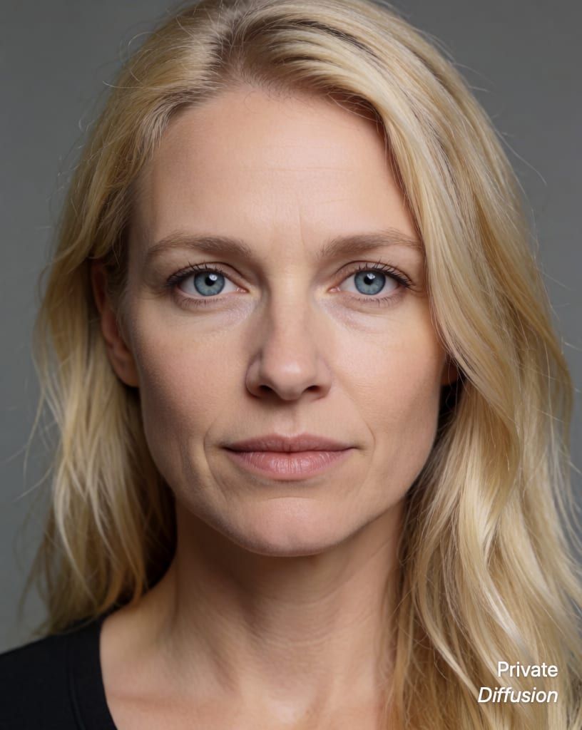 photorealistic portrait of a blonde woman with blue eyes, with wide shot added
