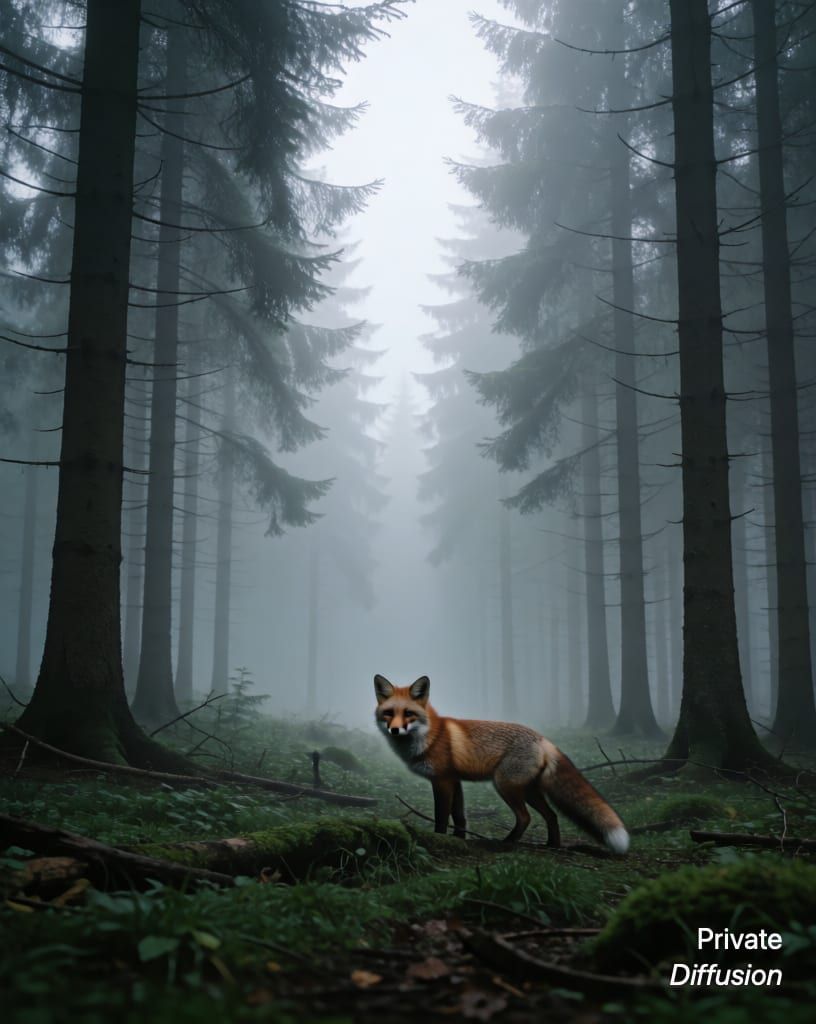 a fox in a misty forest, with wide shot added