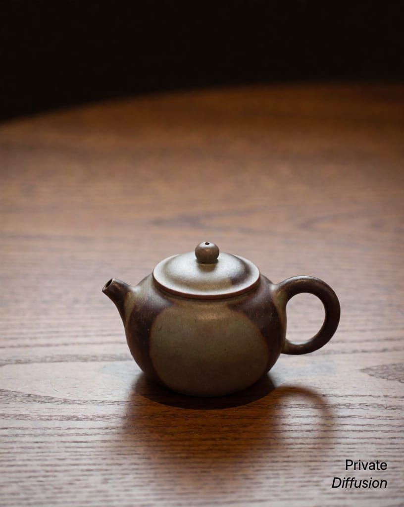 a ceramic teapot on a wooden table, with wide shot added