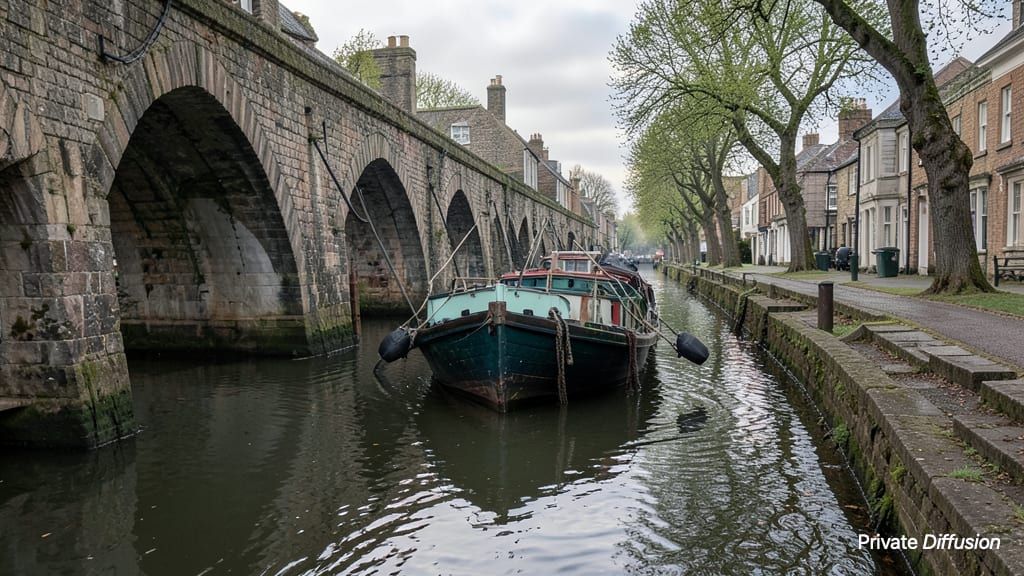 A narrow canal barge moves beneath old stone arches on a cloudy morning.