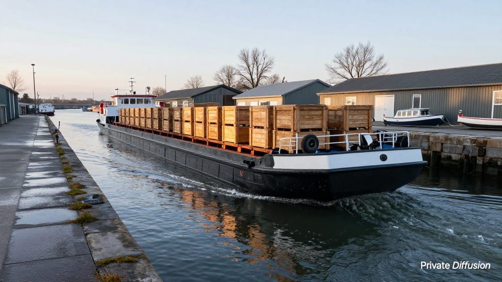 An electric cargo barge moves through a narrow canal at dawn.