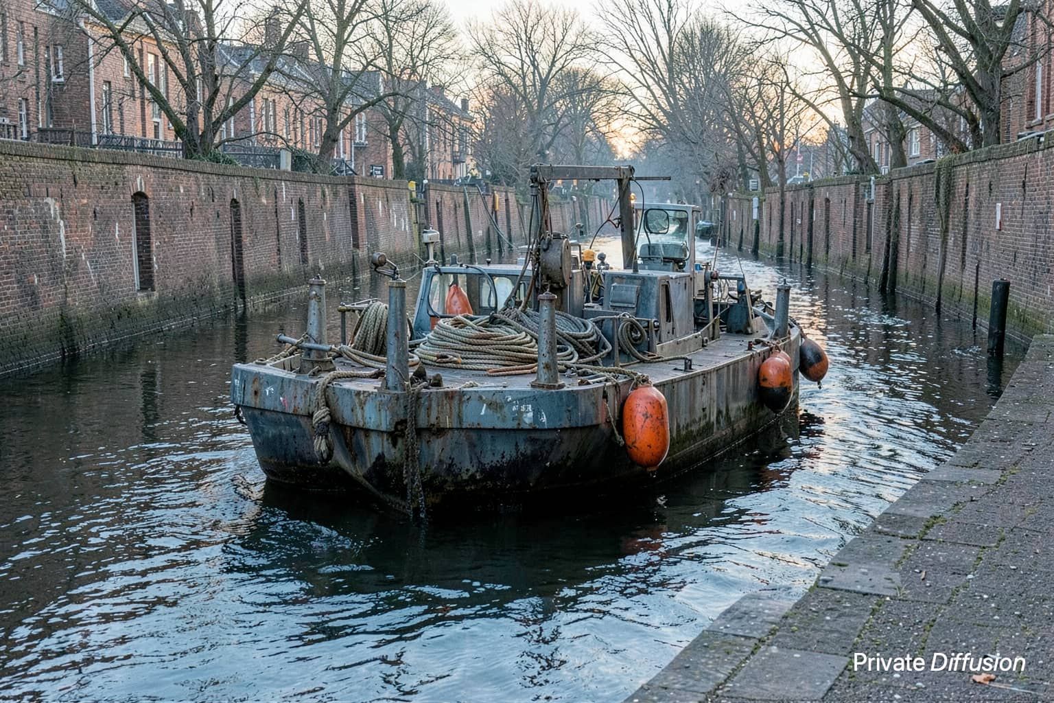 A canal maintenance barge with rope, buoys, and a folded crane moves through dawn water.