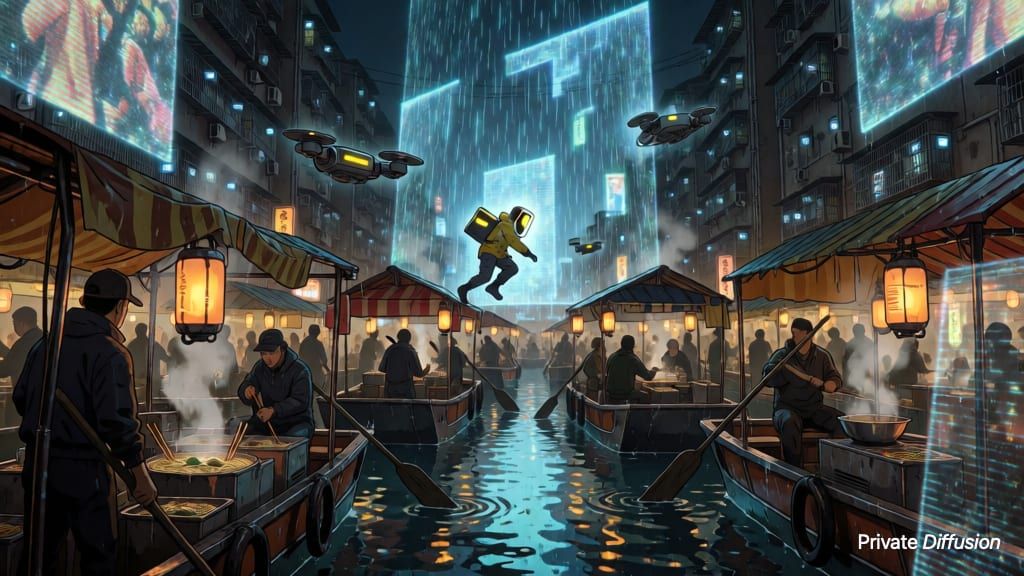 A courier leaps across boats in a rainy neon canal market at night.