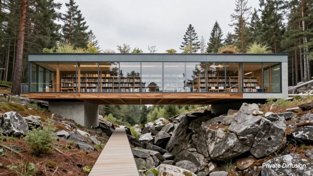 A modern glass and timber library cantilevers over a forest ravine with a footbridge entrance.