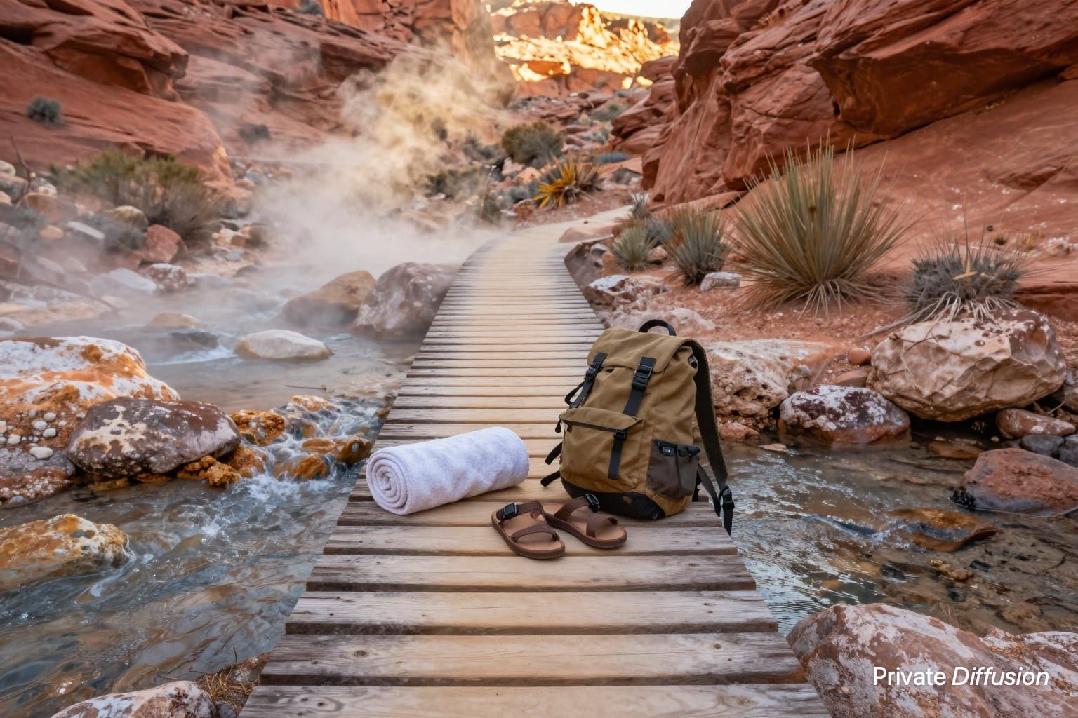A wooden footbridge crosses a stream beside steaming canyon hot springs.