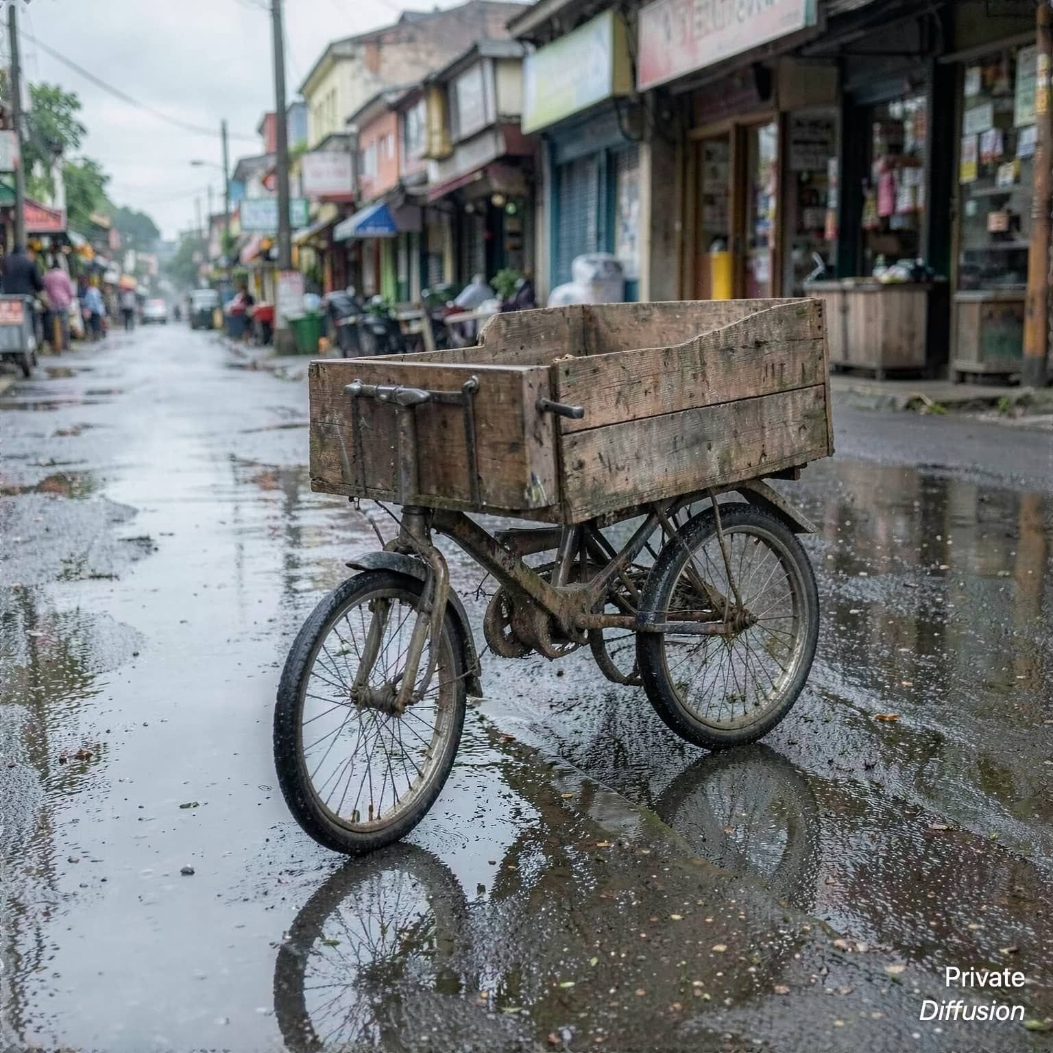 A wooden cargo tricycle is parked on a wet market lane after rain.