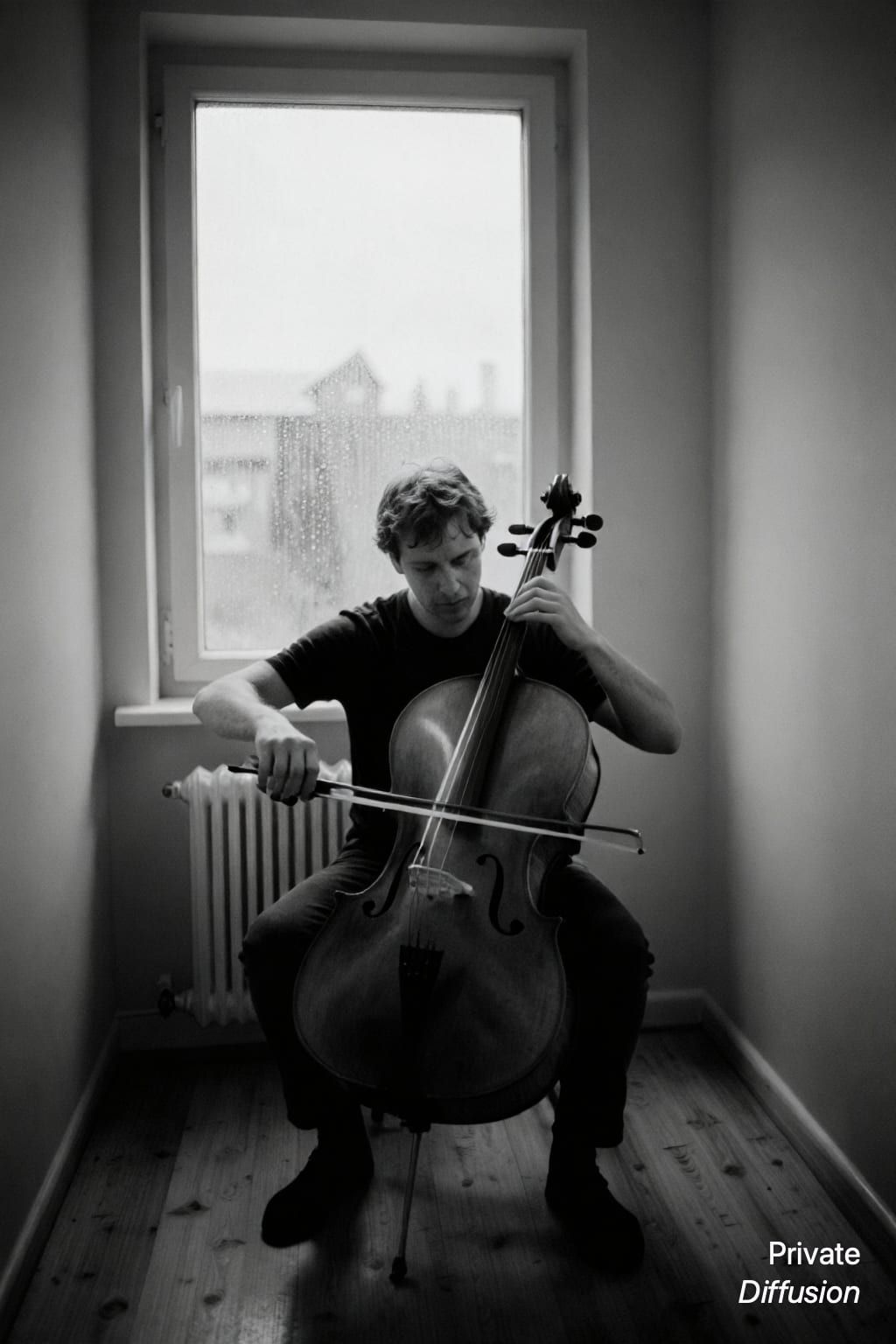 A cellist plays beside a rainy apartment window in a black-and-white portrait.