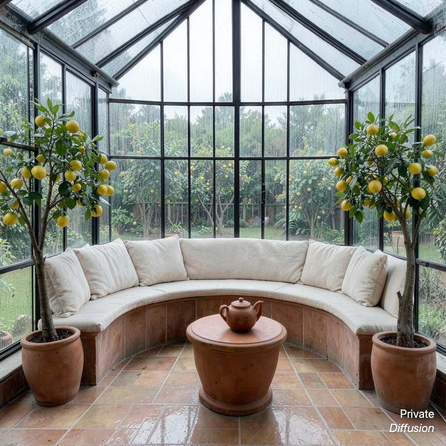 A tiled conservatory alcove has a curved bench, citrus trees, and rainy glass panes.