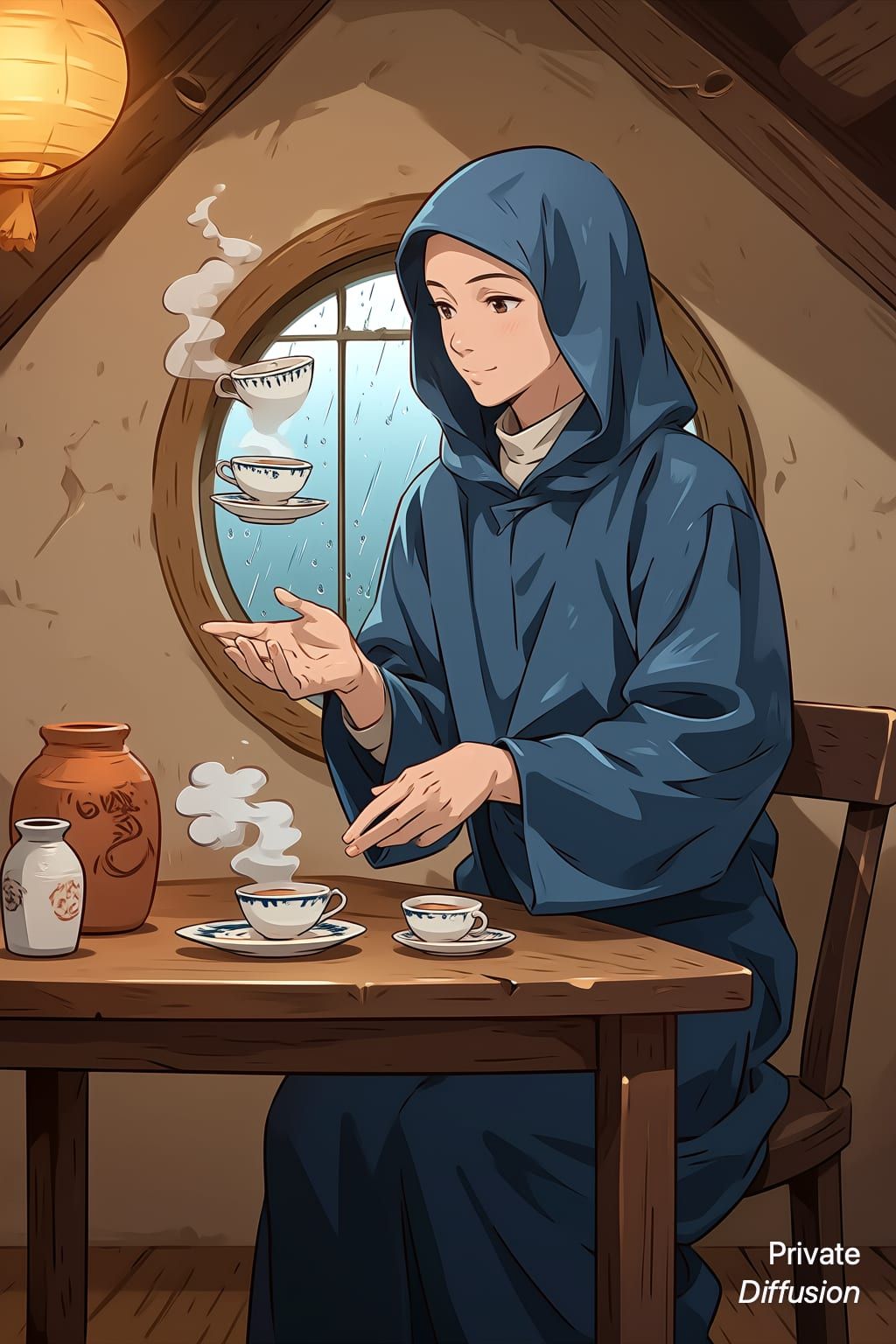 An anime mage levitates teacups in a rainy attic studio.