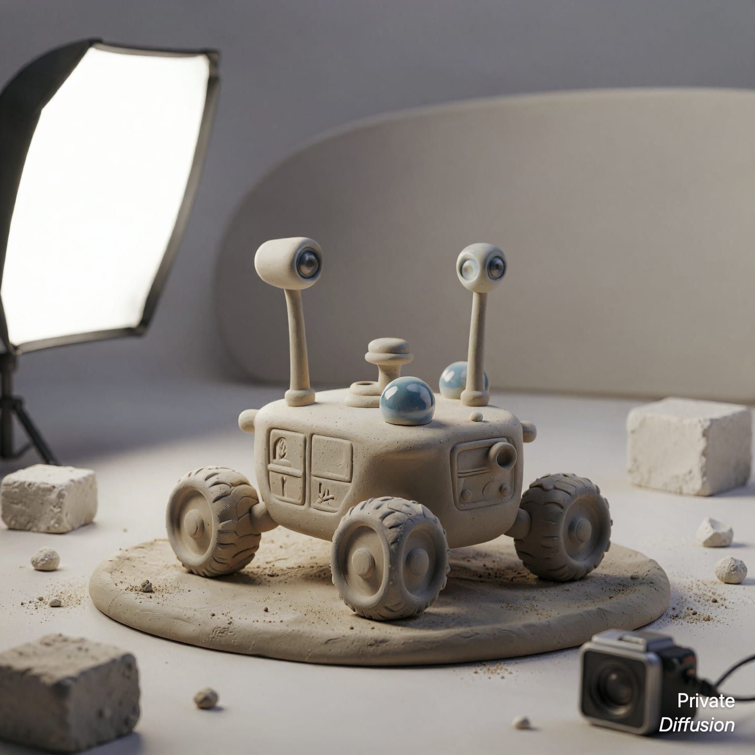 A small ceramic lunar rover sits on a clay base under studio lighting.