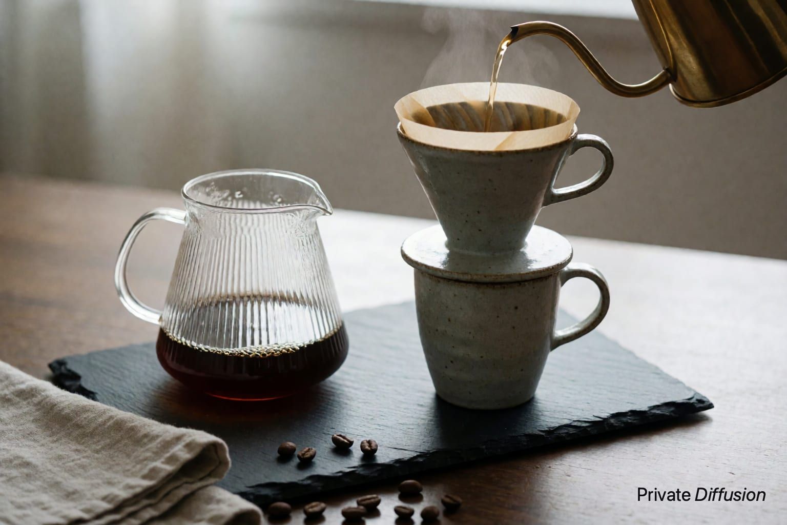 A ceramic coffee dripper, cup, and carafe sit on slate as coffee pours.