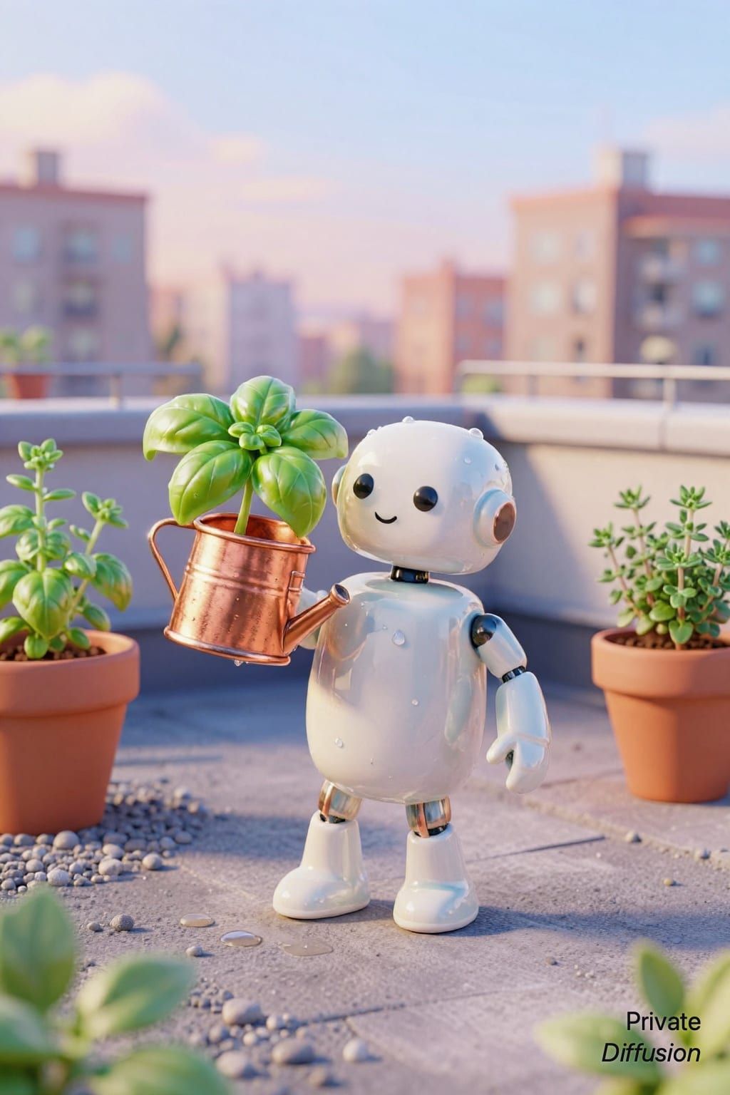 A small ceramic robot waters rooftop herb pots with a copper watering can.