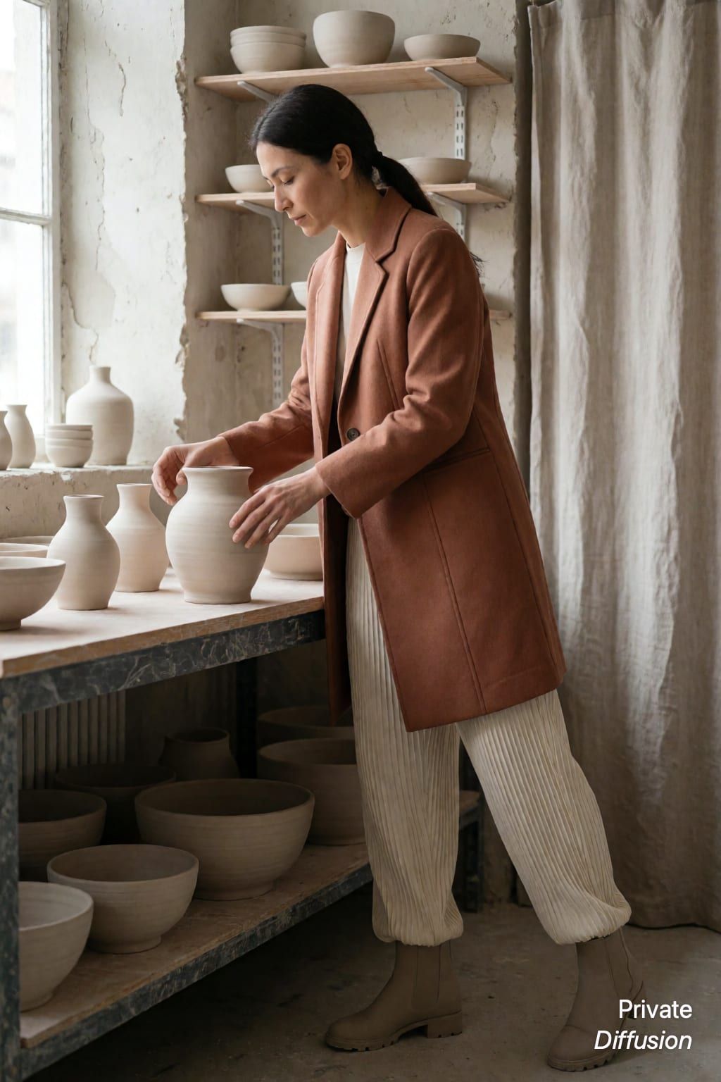 A fashion model in a structured coat arranges ceramics in a sunlit studio.