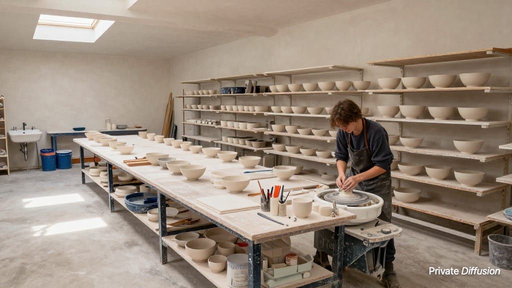 A potter works in a bright ceramic studio filled with bowls and drying shelves.