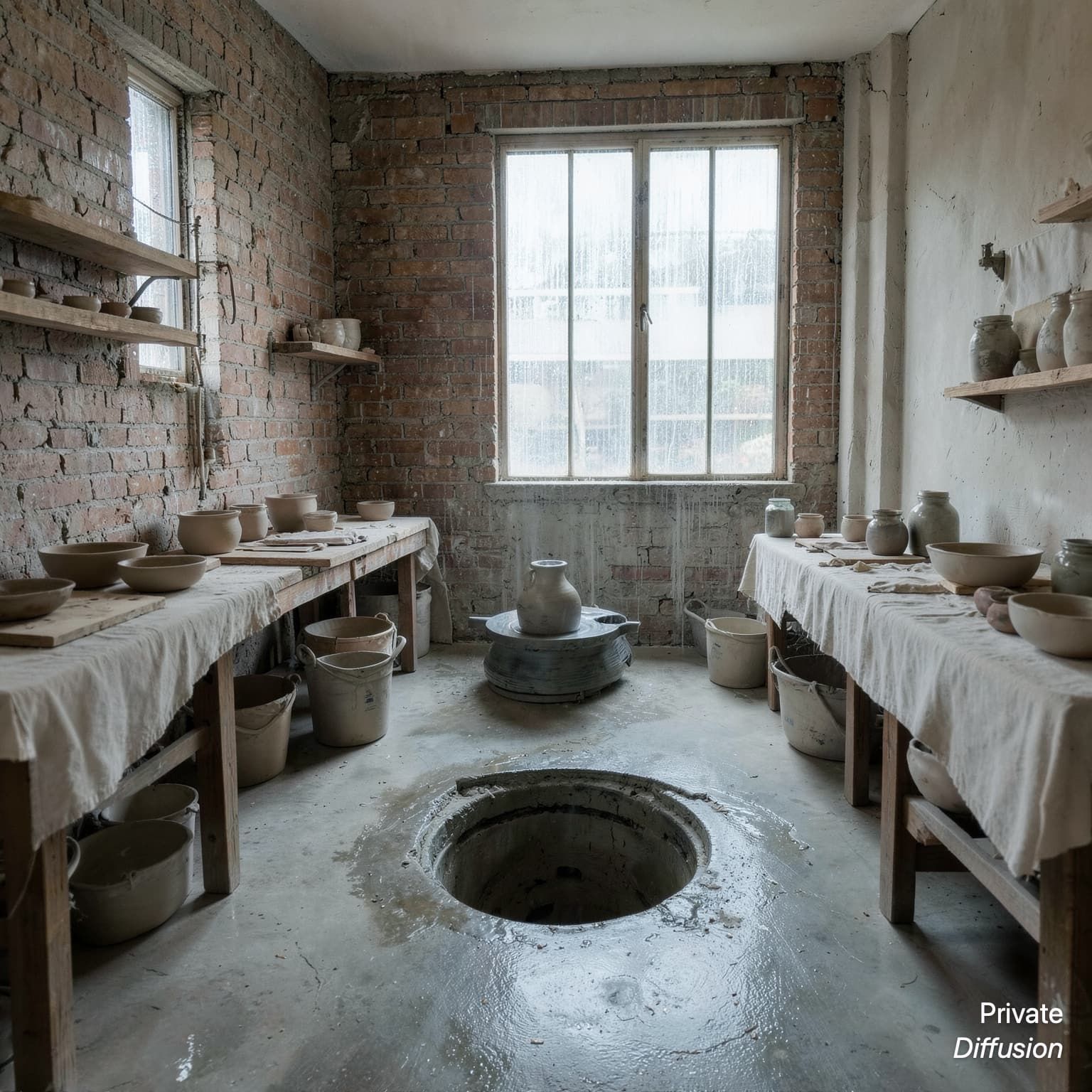 An empty ceramic studio sits in soft rainy daylight with bowls drying on shelves.