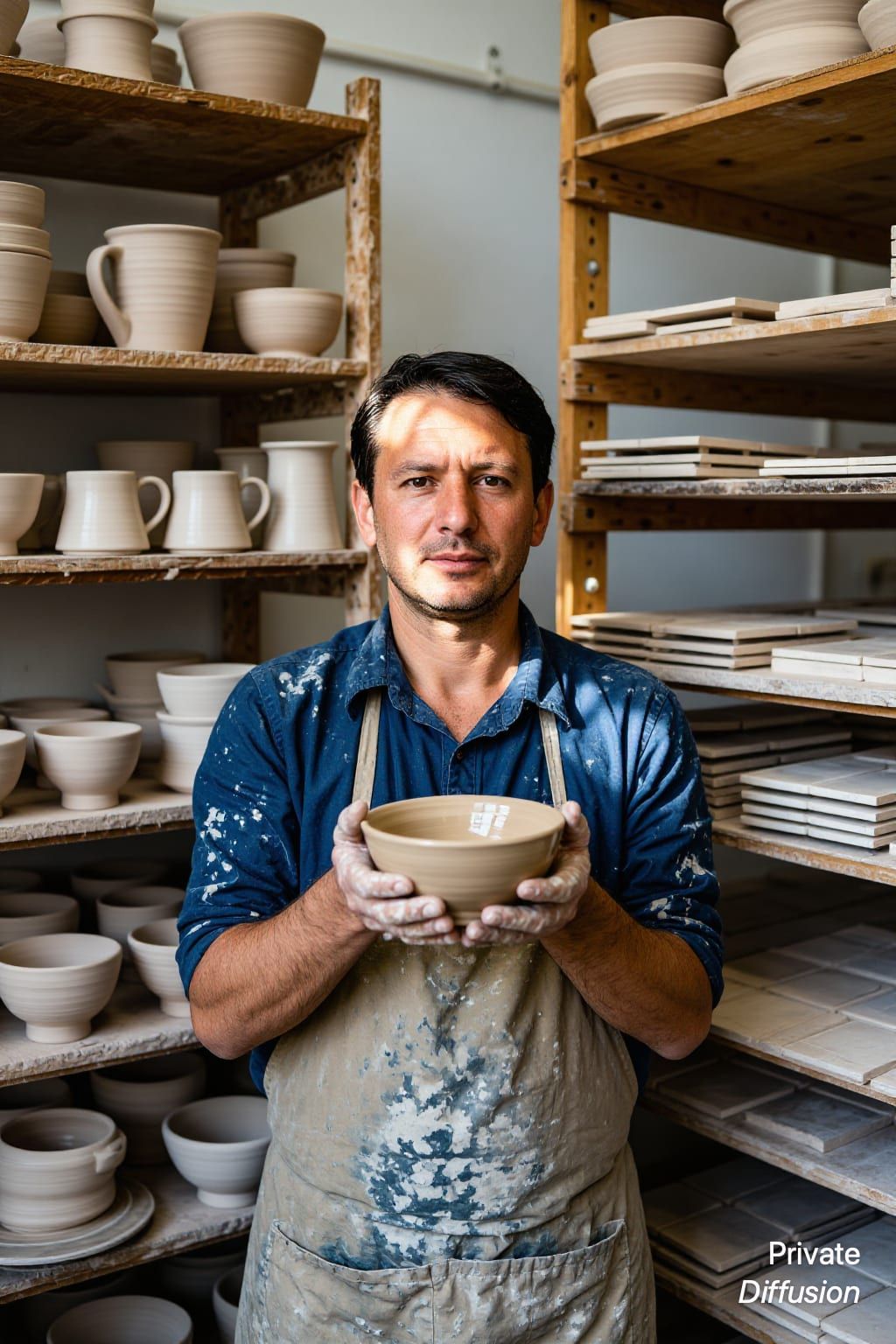 An adult ceramicist holds a damp bowl while standing among studio drying shelves.