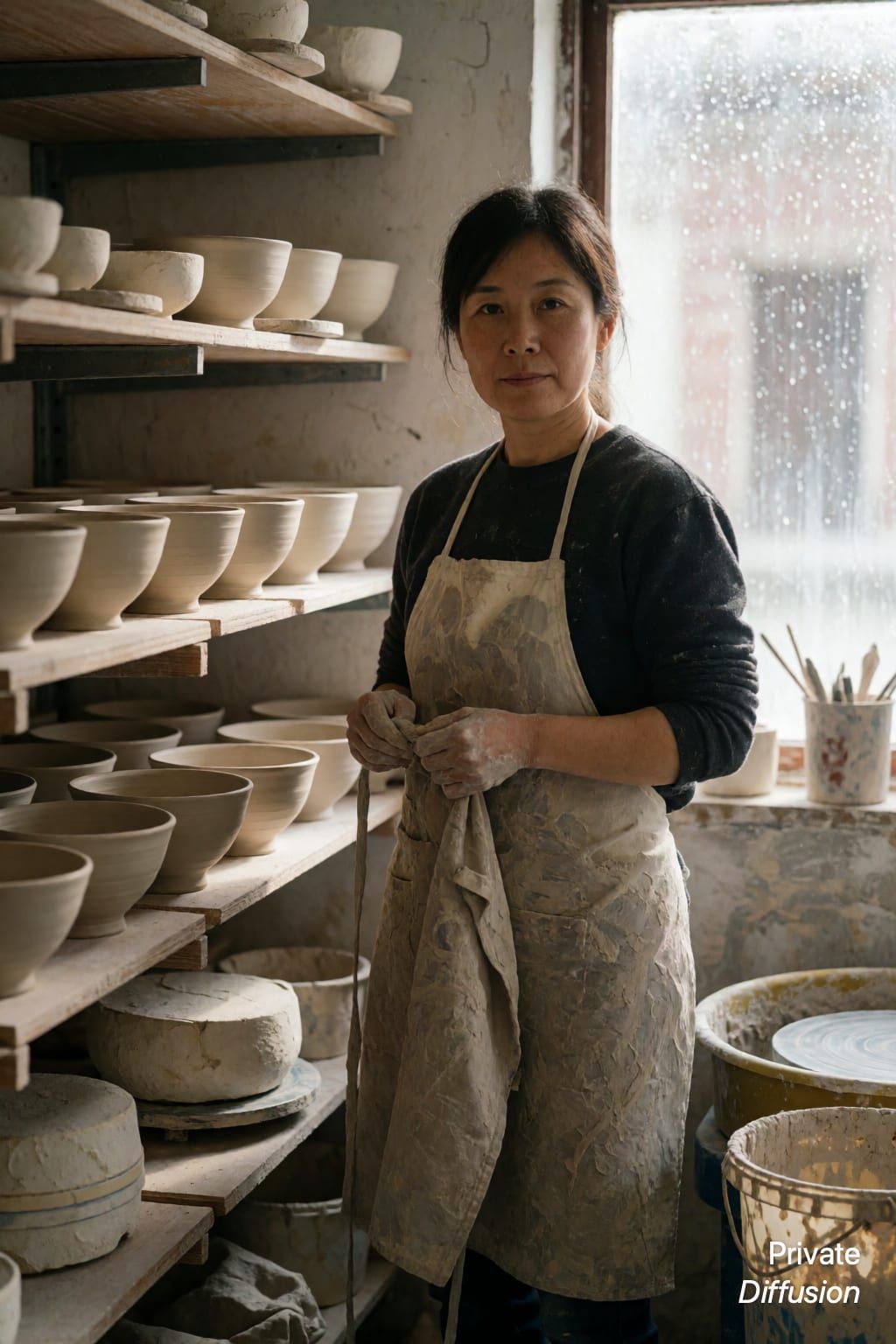 An adult ceramicist stands in a clay studio beside shelves of bowls.