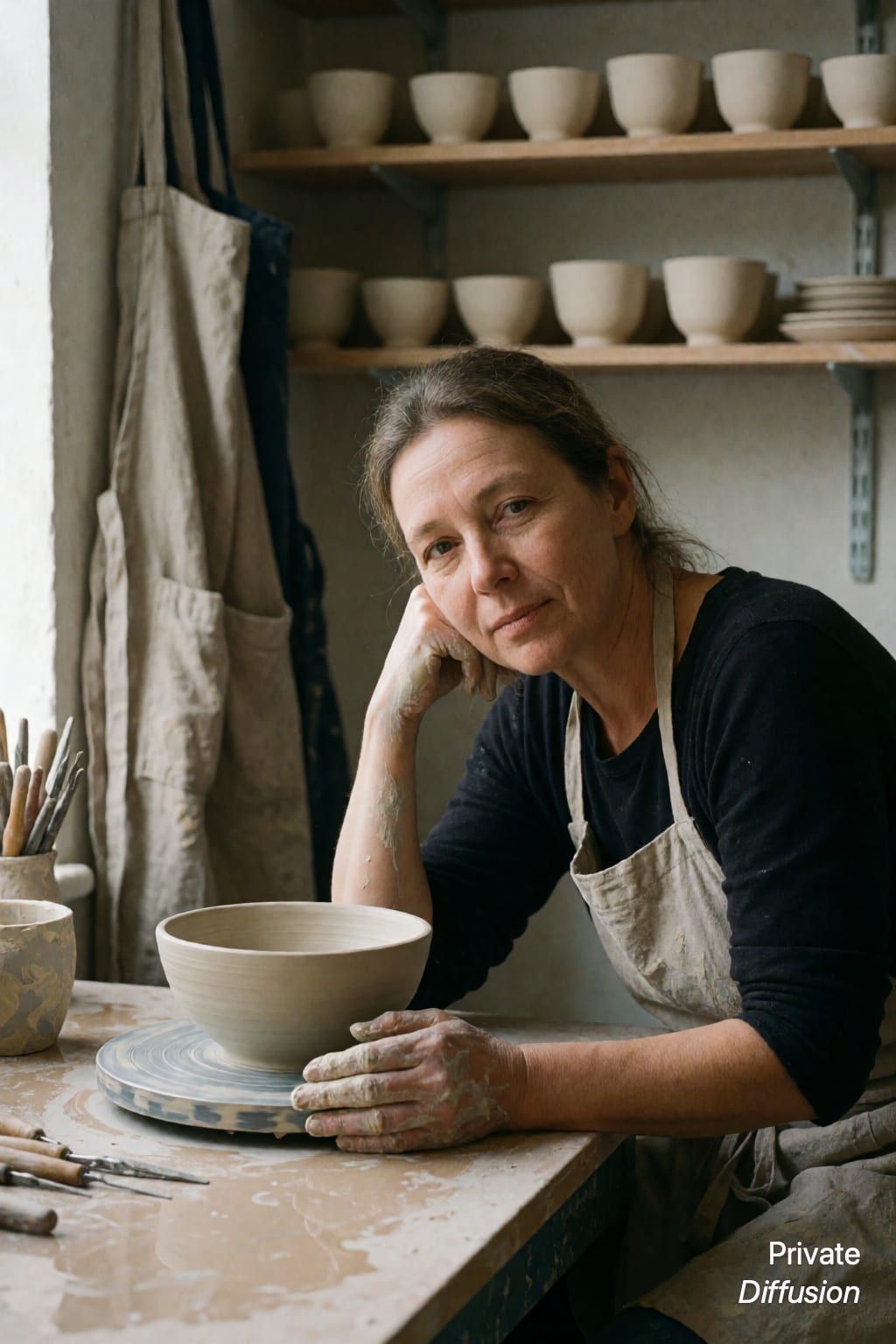 A ceramicist with clay-covered hands poses beside a pottery wheel in a sunlit studio.