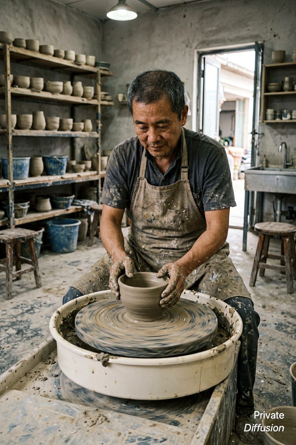 An adult ceramicist shapes a wet clay bowl on a studio wheel.
