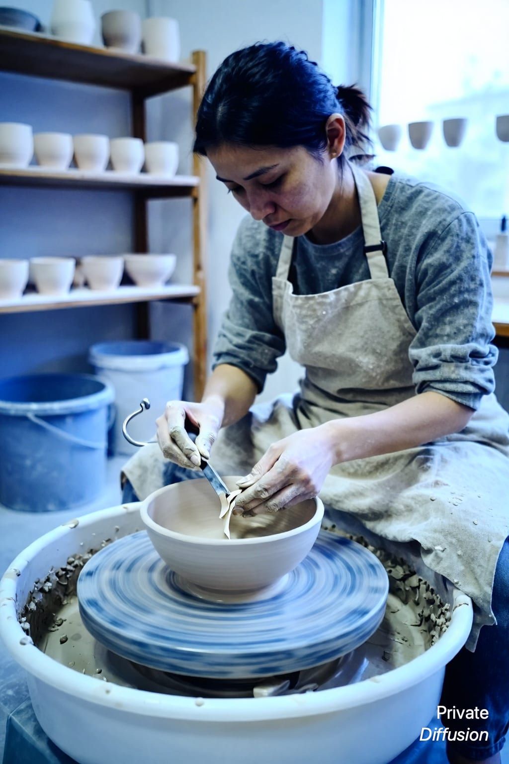 A ceramicist trims a porcelain bowl on a spinning wheel in a pottery studio.