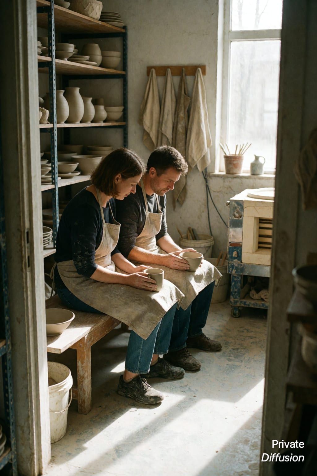 Two adult ceramicists sit together with mugs in a pottery studio after working with clay.