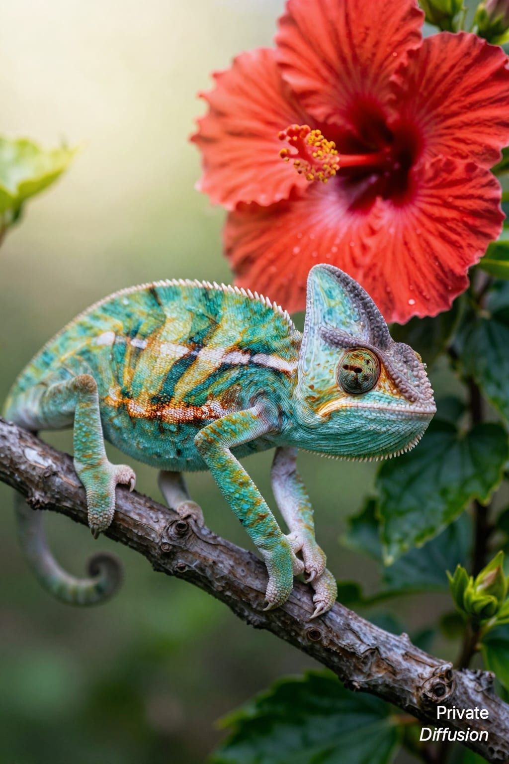 A chameleon grips a hibiscus branch in a close vertical garden photograph.