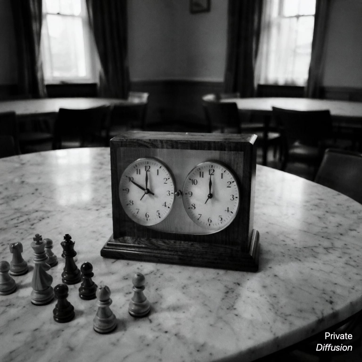A black-and-white chess clock sits beside wooden pieces on a marble table.