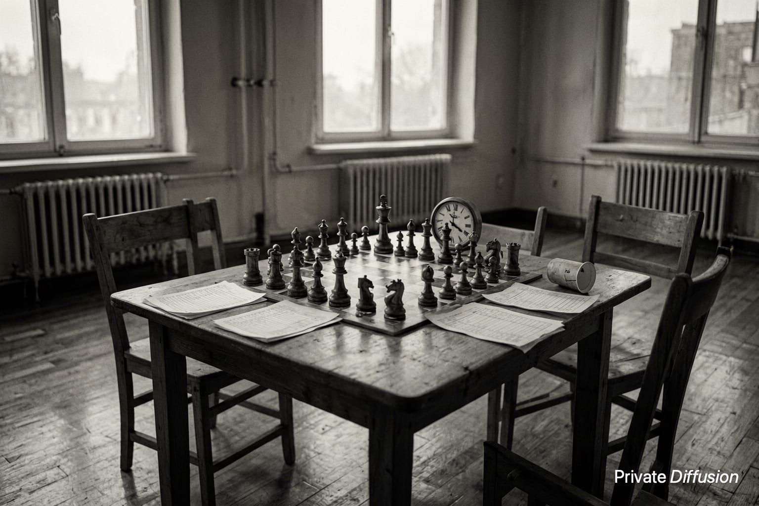 A chessboard sits unfinished on a wooden table in an empty hall.