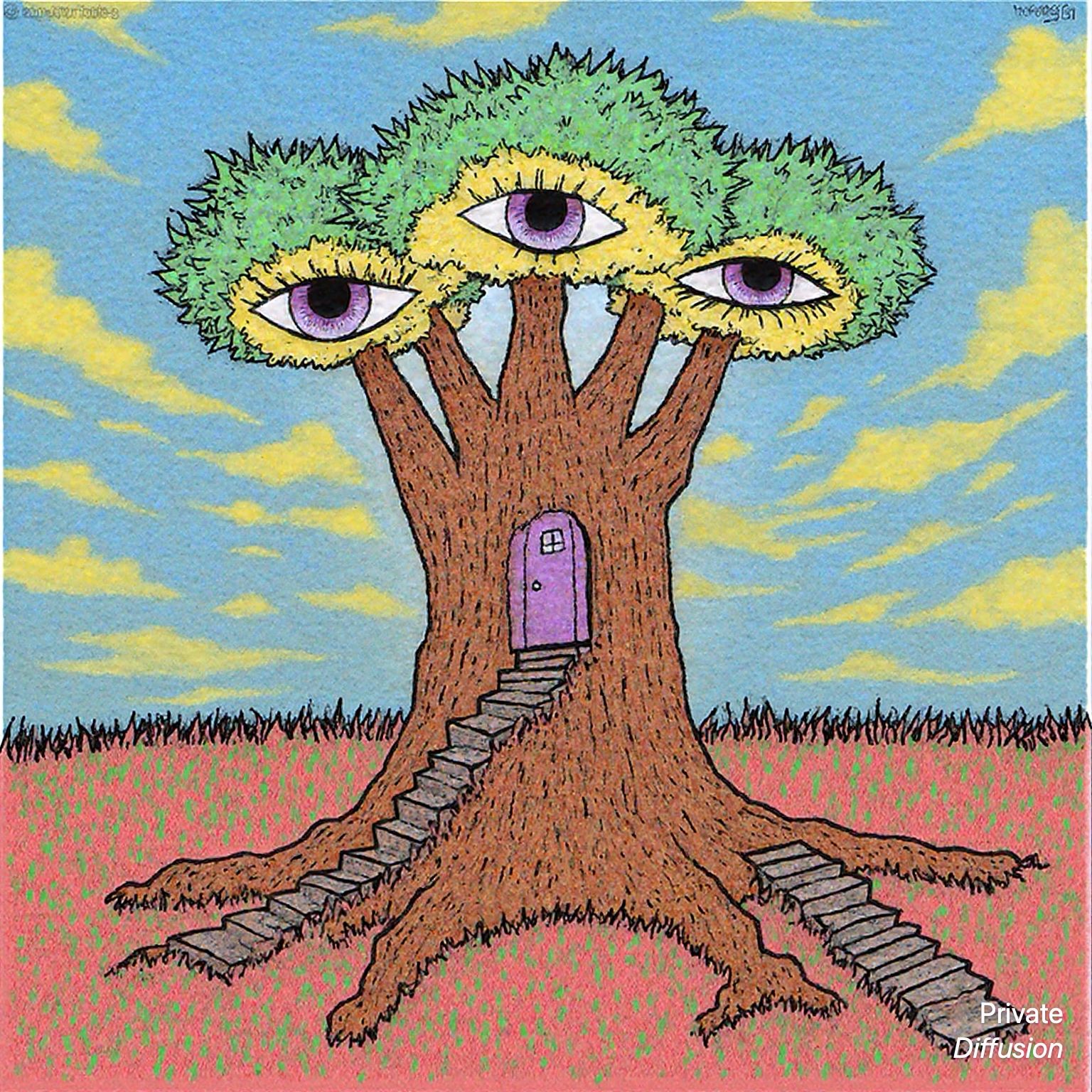 Naive crayon-style drawing of a whimsical tree with three purple eyes and a small door.