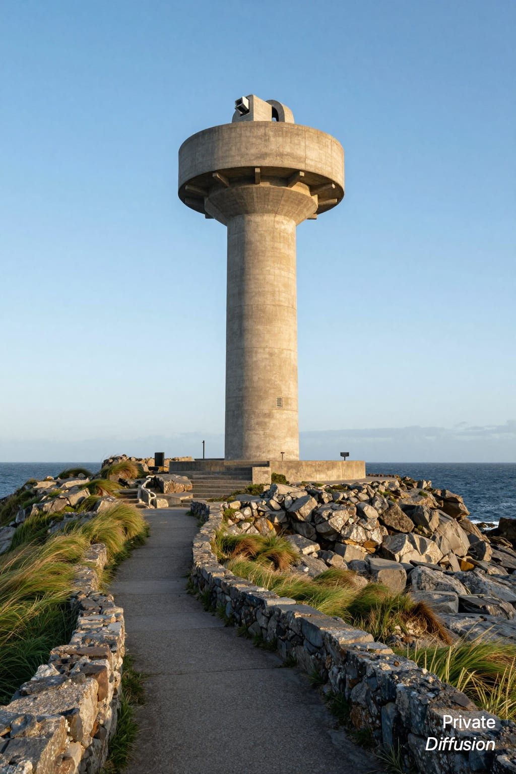A concrete observatory tower stands on terraced cliffs above the coast.