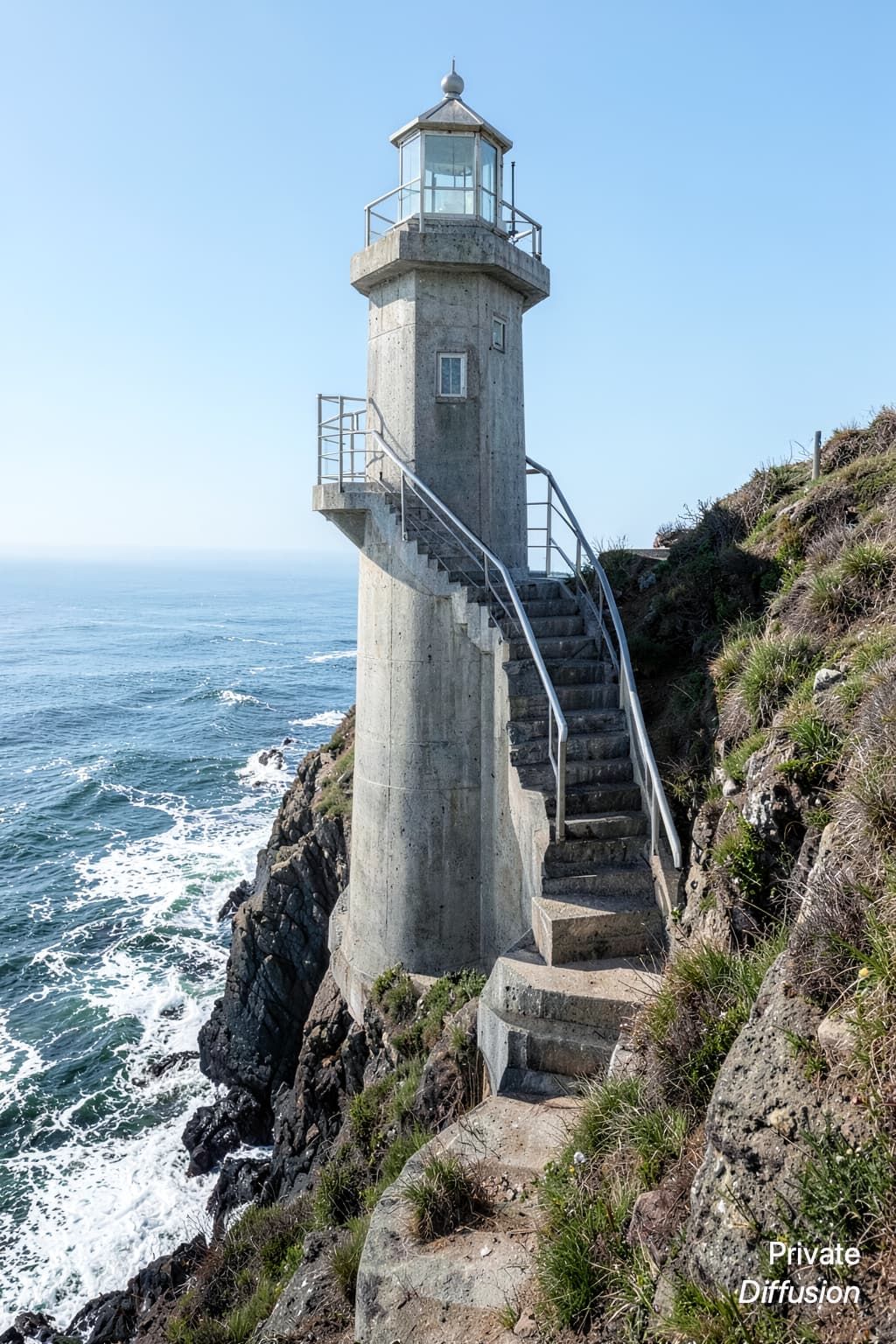 A concrete lighthouse stair tower rises from a cliff above foaming ocean water.
