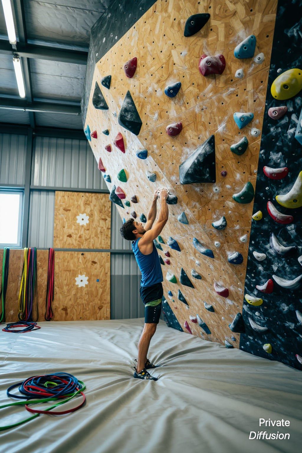 An adult climber chalks their hands while facing an indoor bouldering wall.