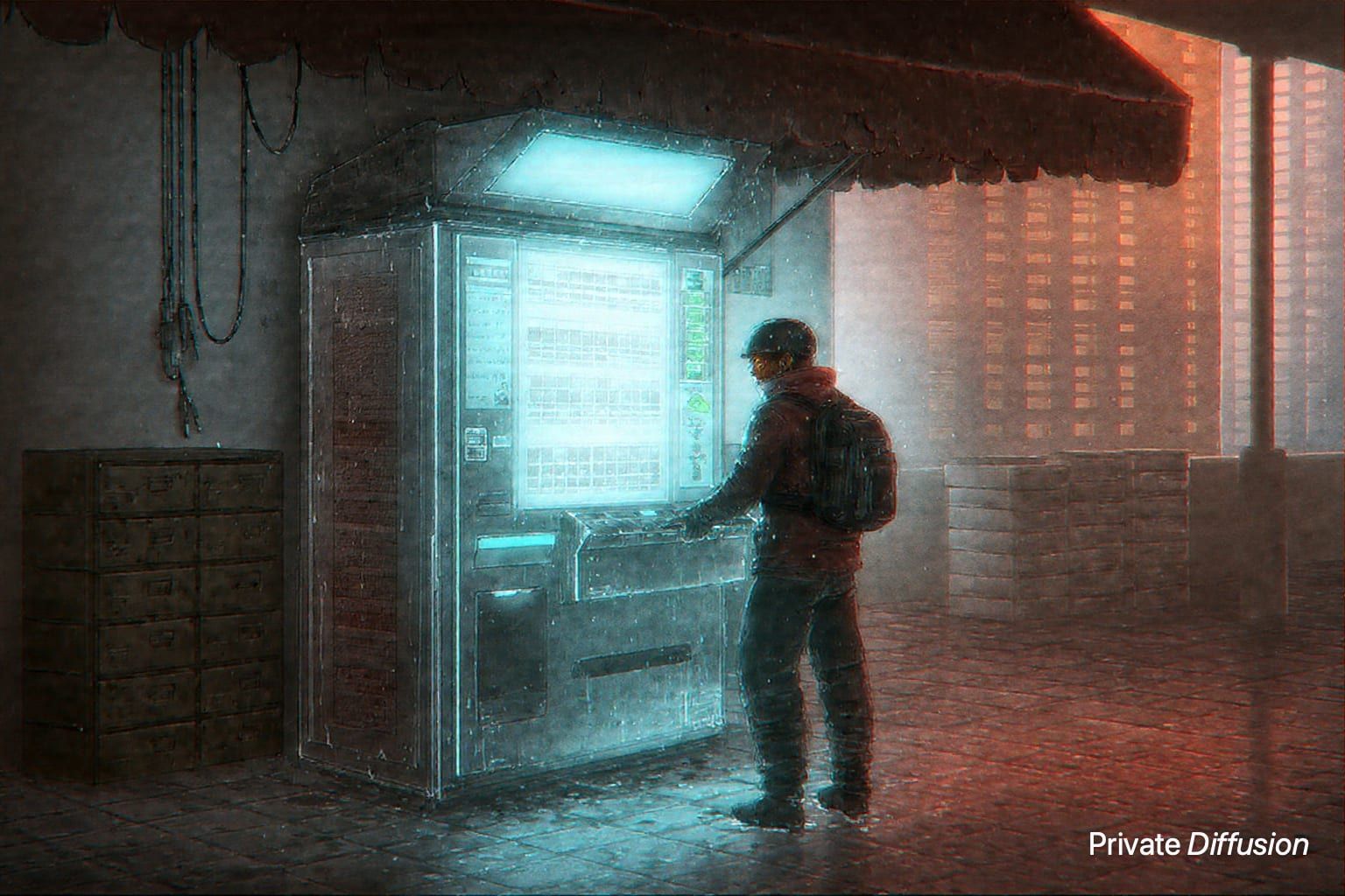 A rain-soaked delivery rider stands before a glowing clinic kiosk in a covered arcade.
