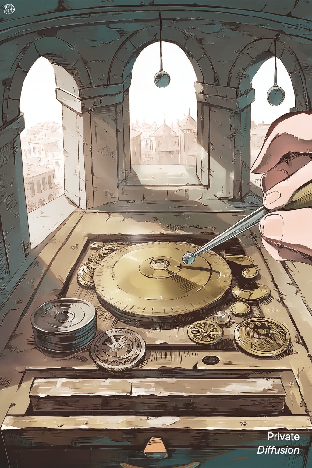 A clock repairer works among brass gears inside a tall bell tower above a town.