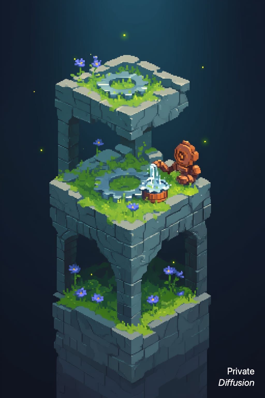 A small automaton waters moonflowers in a pixel-art clock tower garden.