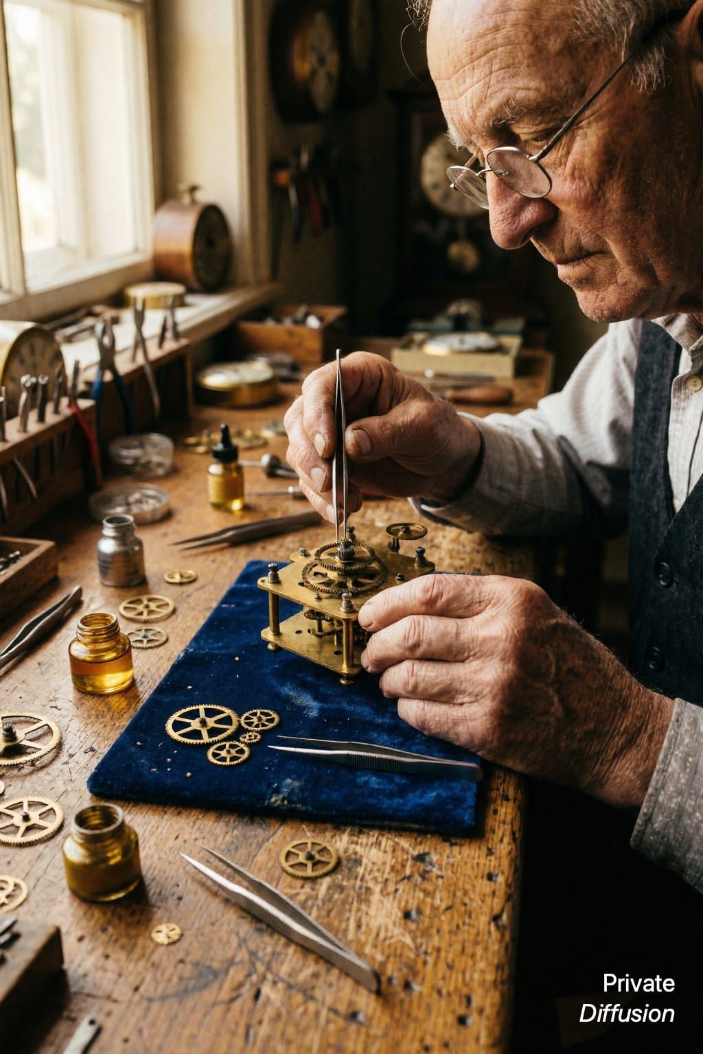 A clockmaker carefully balances a brass mechanism at a wooden workbench.
